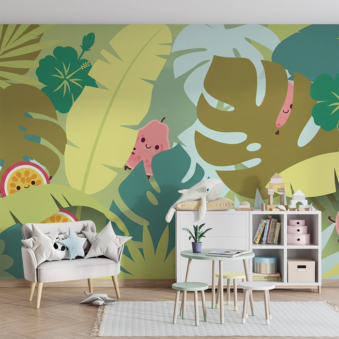 Babyzimmer Tapete | Lächelnde Früchte und bunte Tropenblätter