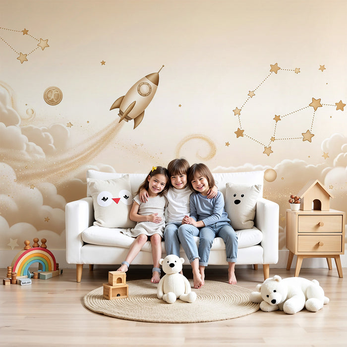 Nursery room wallpaper | Golden rocket and starry clouds in a soft sky