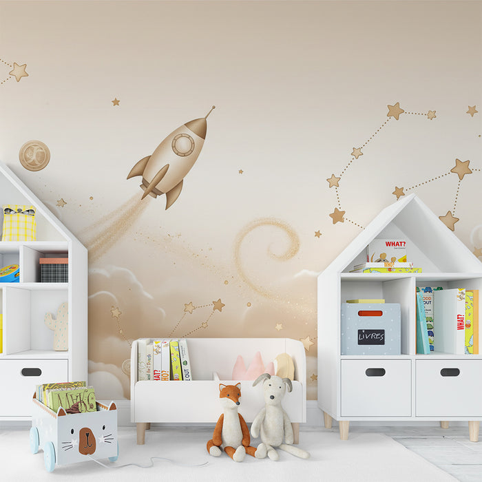 Nursery room wallpaper | Golden rocket and starry clouds in a soft sky