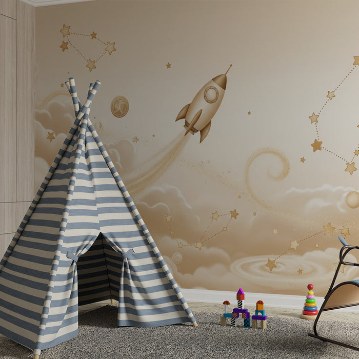 Nursery room wallpaper | Golden rocket and starry clouds in a soft sky