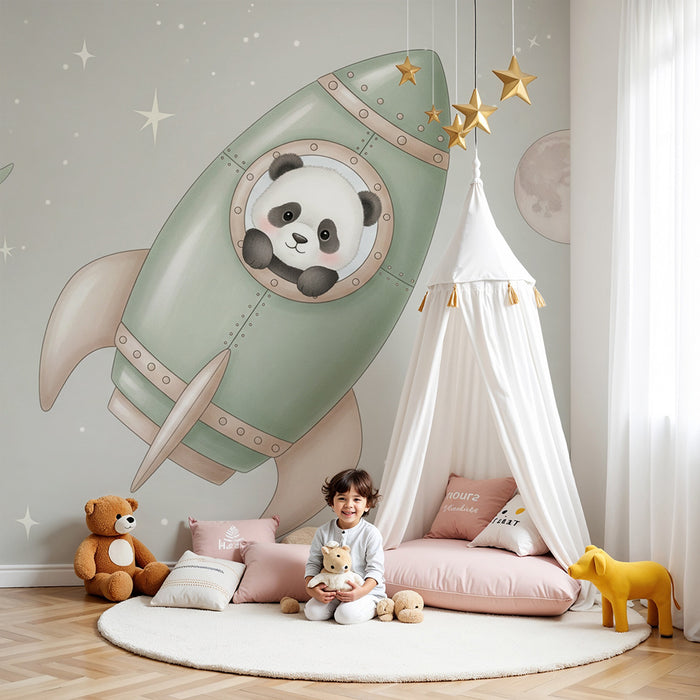 Nursery room wallpaper | Rocket and panda astronaut in space