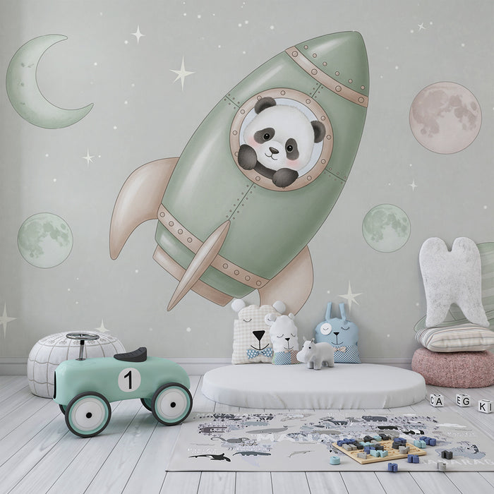 Nursery room wallpaper | Rocket and panda astronaut in space
