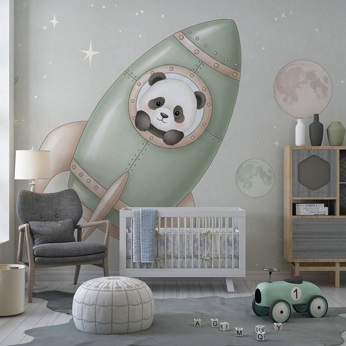Nursery room wallpaper | Rocket and panda astronaut in space