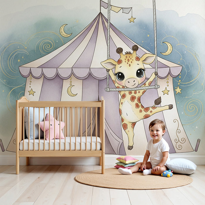 Papel de parede quarto bebê | Girafa acrobata sob o chapéu