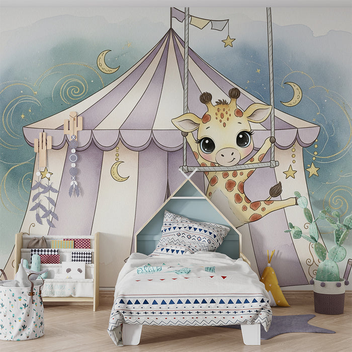 Papel de parede quarto bebê | Girafa acrobata sob o chapéu