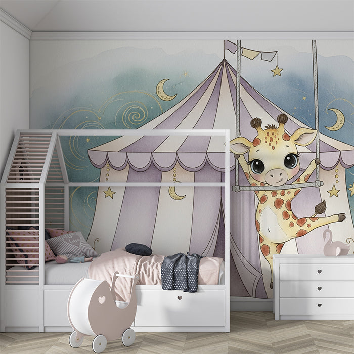 Papel de parede quarto bebê | Girafa acrobata sob o chapéu