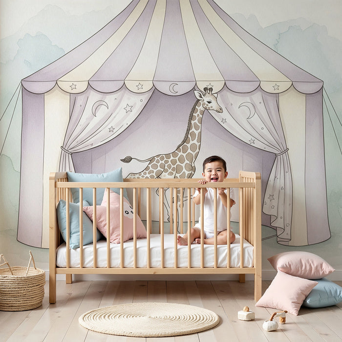 Nursery room wallpaper | Acrobatic giraffe under the pastel background circus tent
