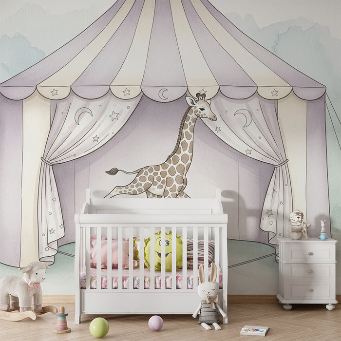 Nursery room wallpaper | Acrobatic giraffe under the pastel background circus tent