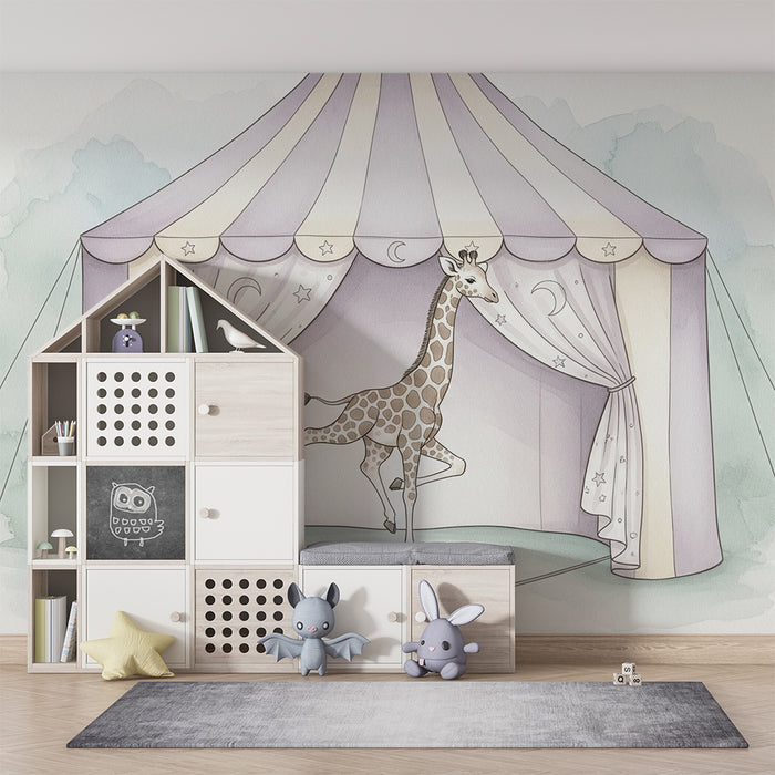 Nursery room wallpaper | Acrobatic giraffe under the pastel background circus tent