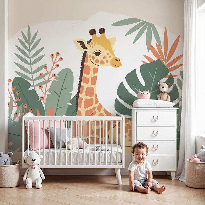 Nursery room wallpaper | Adorable giraffe surrounded by tropical foliage