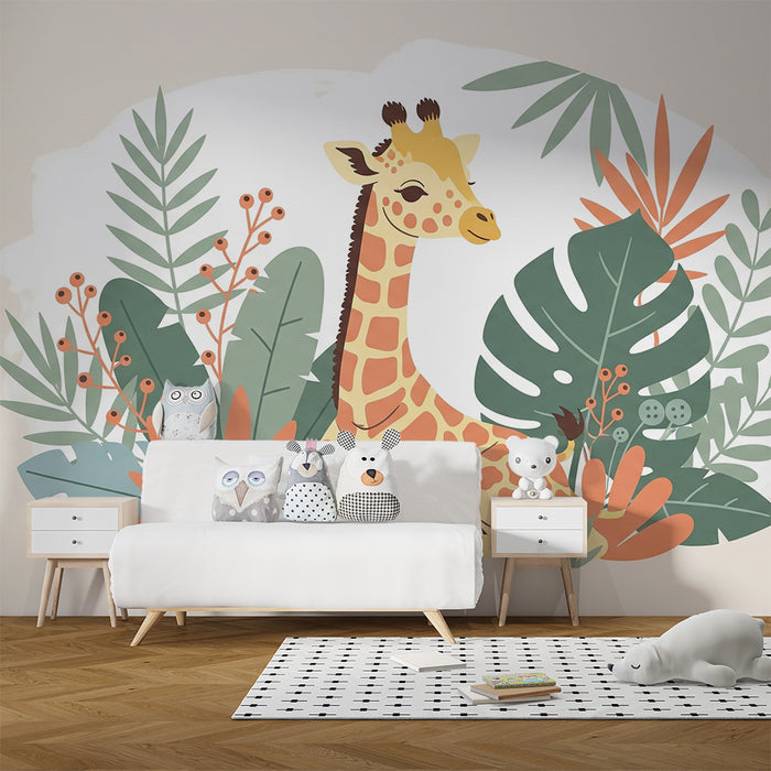 Nursery room wallpaper | Adorable giraffe surrounded by tropical foliage