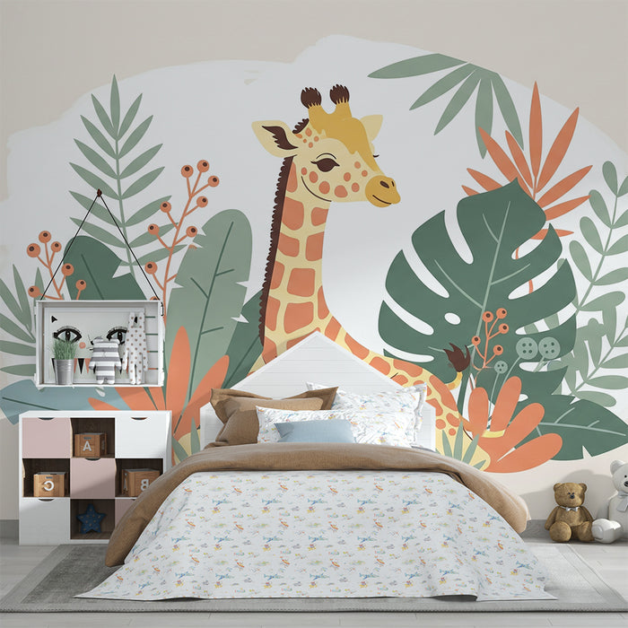 Nursery room wallpaper | Adorable giraffe surrounded by tropical foliage