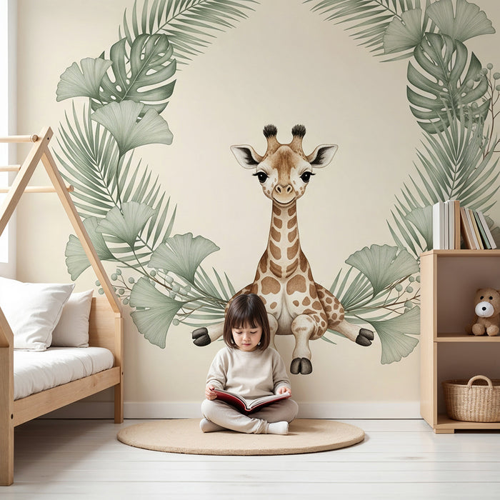 Papier peint chambre bébé | Girafe adorable entourée de feuillage tropical