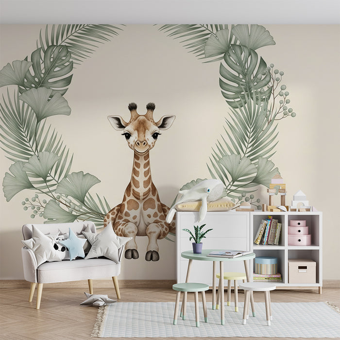 Papier peint chambre bébé | Girafe adorable entourée de feuillage tropical