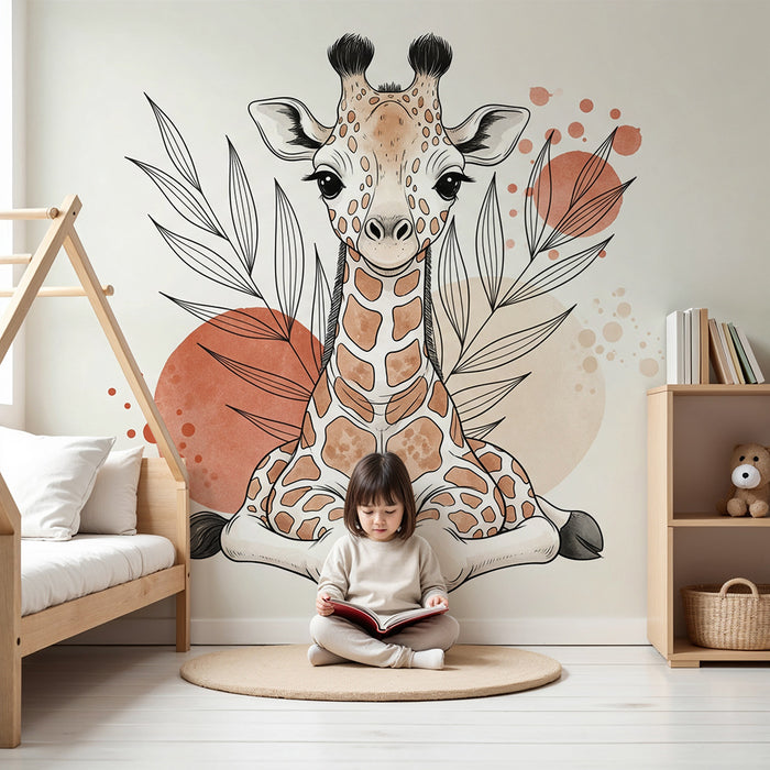 Papel pintado para habitación infantil | Una jirafa adorable rodeada de follaje y formas coloridas