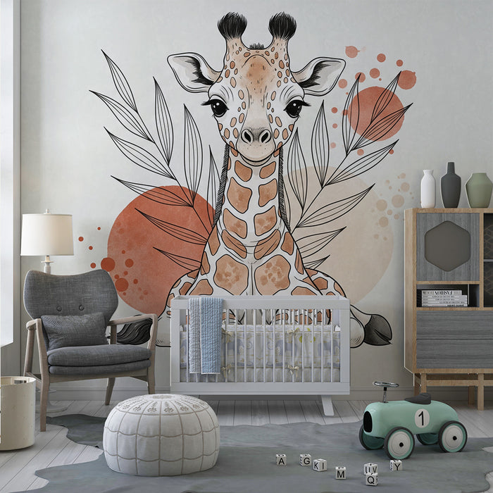 Papel pintado para habitación infantil | Una jirafa adorable rodeada de follaje y formas coloridas