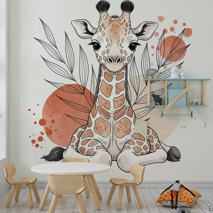 Papel pintado para habitación infantil | Una jirafa adorable rodeada de follaje y formas coloridas