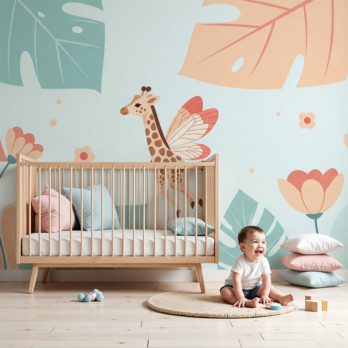 Tapet za bebe sobu | Krilata žirafa u šarenom vrtu s tropskim lišćem