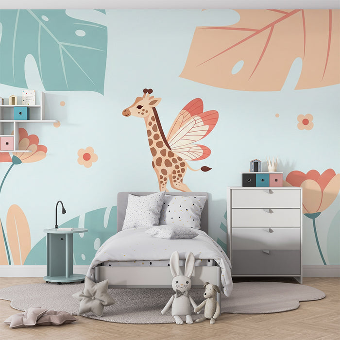 Tapet za bebe sobu | Krilata žirafa u šarenom vrtu s tropskim lišćem