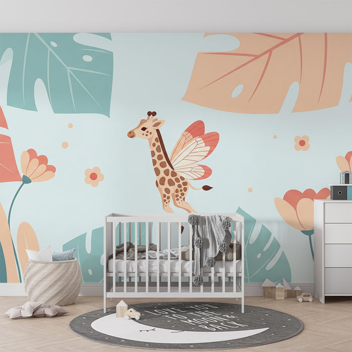 Tapet za bebe sobu | Krilata žirafa u šarenom vrtu s tropskim lišćem