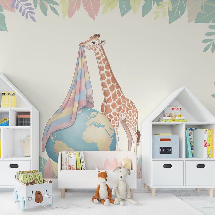 Papel de parede quarto bebê | Αστεία καραφίτσα που κρατά ένα πολύχρωμο σεντόνι πάνω από τον πλανήτη