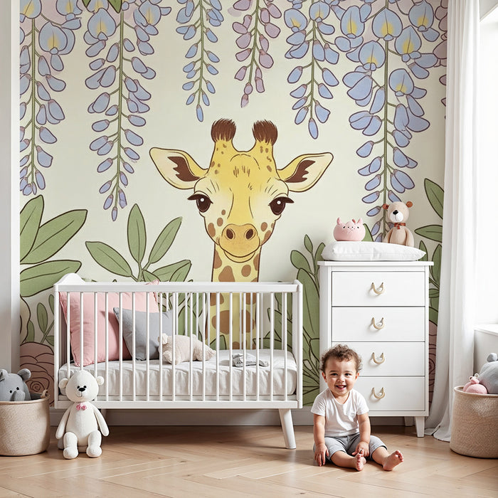 Papel de parede quarto bebê | Girafa no meio das flores