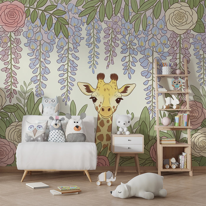 Papel de parede quarto bebê | Girafa no meio das flores