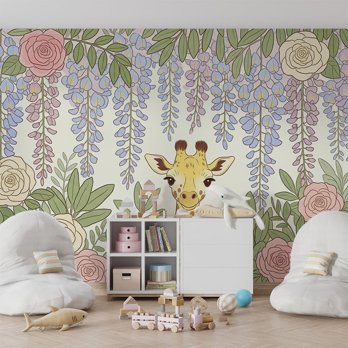 Papel de parede quarto bebê | Girafa no meio das flores