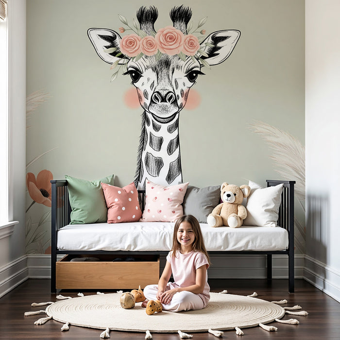 Papel de parede quarto bebê | Zirafa s cvijećem