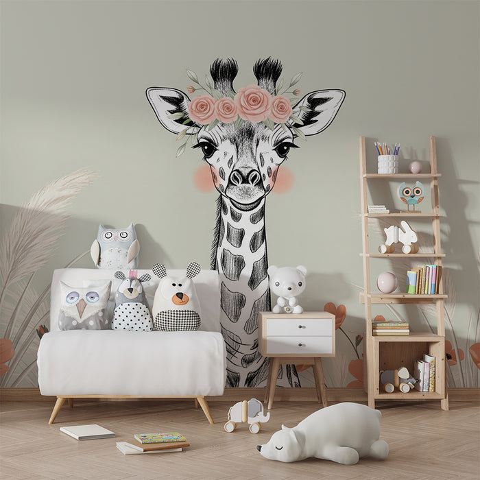Papel de parede quarto bebê | Zirafa s cvijećem