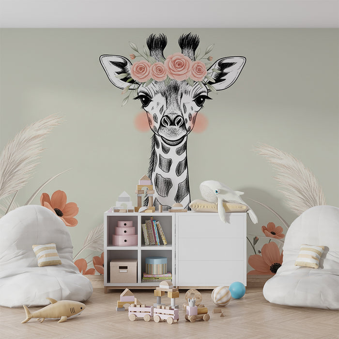 Papel de parede quarto bebê | Zirafa s cvijećem
