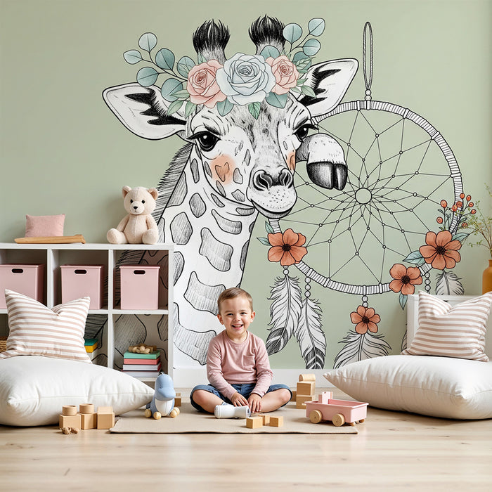 Papel de parede quarto bebê | Girafa boêmia com apanhador de sonhos