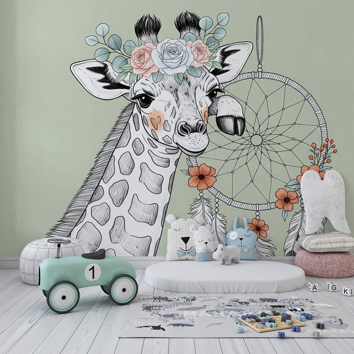 Papel de parede quarto bebê | Girafa boêmia com apanhador de sonhos