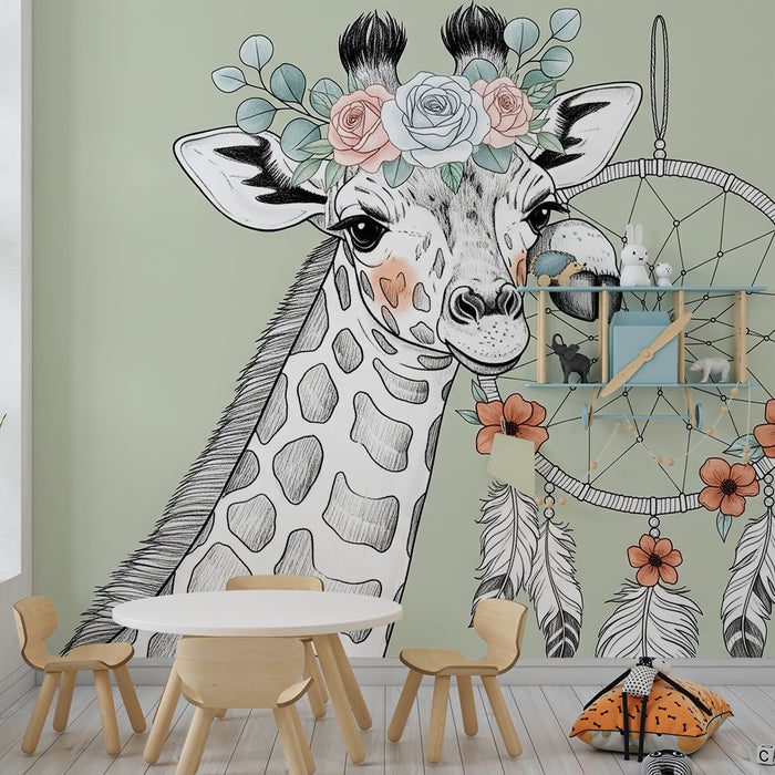 Papel de parede quarto bebê | Girafa boêmia com apanhador de sonhos