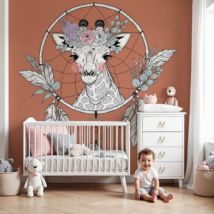 Papier de parede izba bábätka | Bohémska žirafa s kvetmi a snovými chytacmi