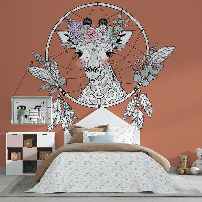 Papier de parede izba bábätka | Bohémska žirafa s kvetmi a snovými chytacmi
