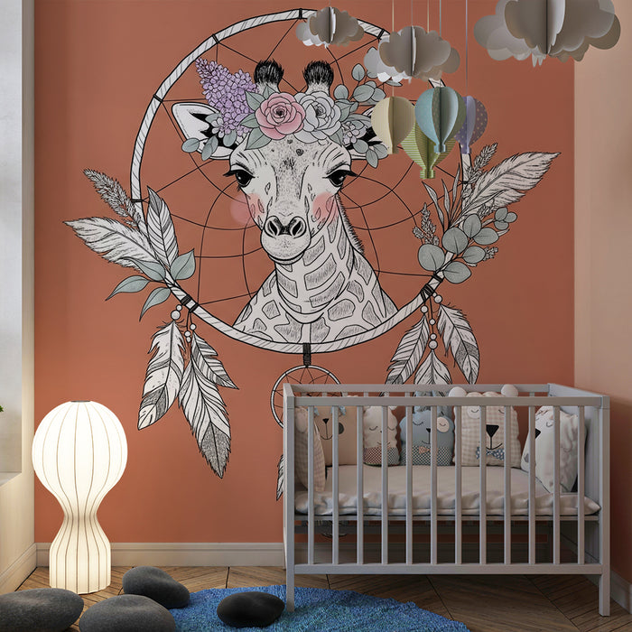 Papier de parede izba bábätka | Bohémska žirafa s kvetmi a snovými chytacmi