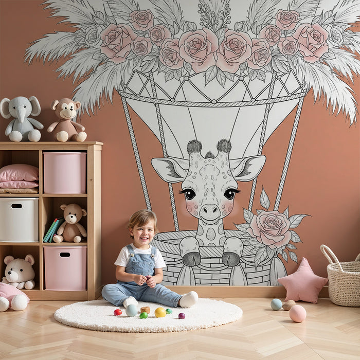 Papel de parede quarto bebê | Girafa em um balão de ar florido