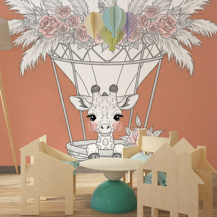 Papel de parede quarto bebê | Girafa em um balão de ar florido