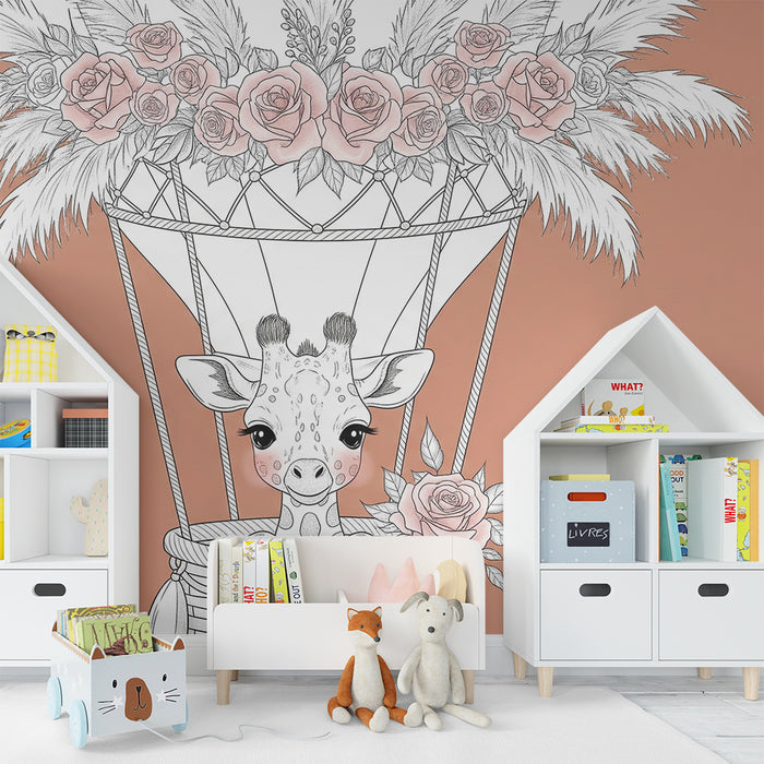 Papel de parede quarto bebê | Girafa em um balão de ar florido