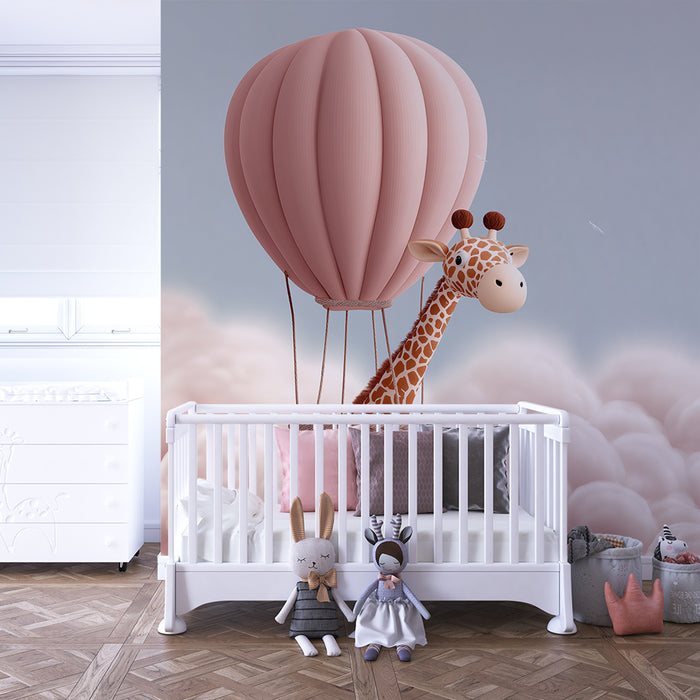 Papel pintado infantil | Jirafa en un globo aerostático sobre las nubes