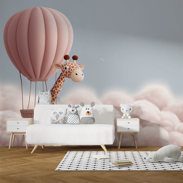 Papel pintado infantil | Jirafa en un globo aerostático sobre las nubes