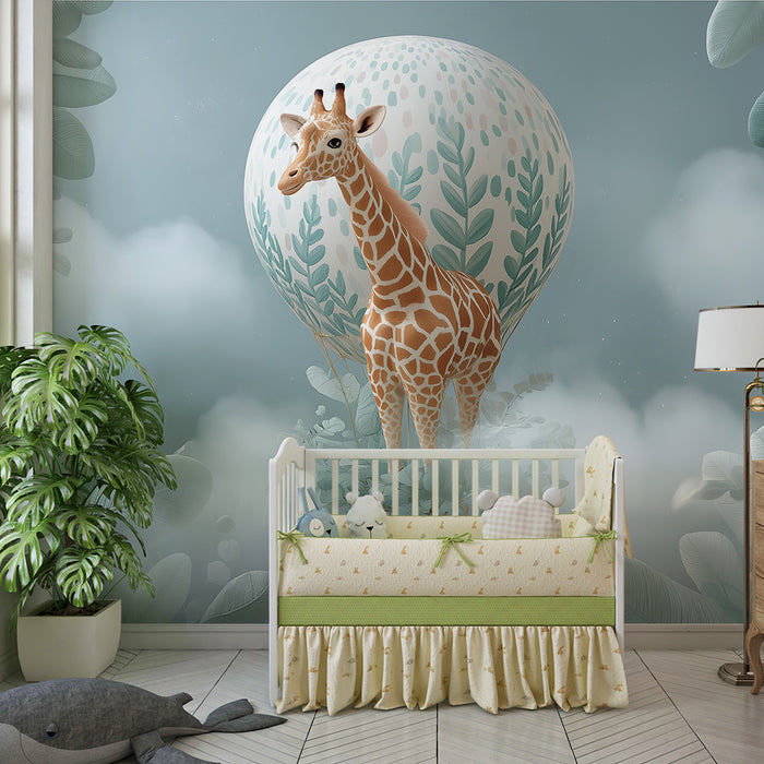 Lastenhuoneen tapetti | Kirahvi ilmapallossa pilvien keskellä