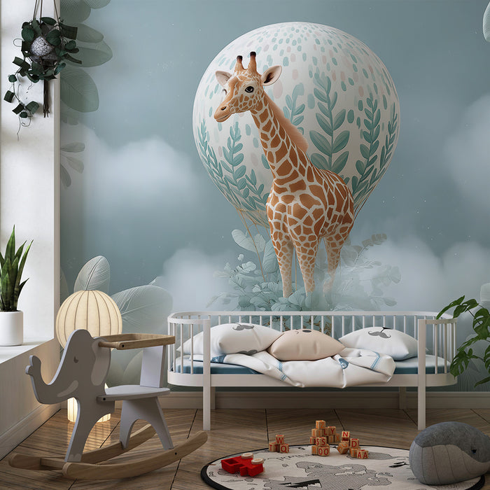 Lastenhuoneen tapetti | Kirahvi ilmapallossa pilvien keskellä