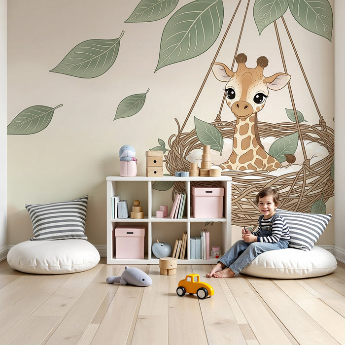 Papier peint chambre bébé | Girafe dans un nid douillet