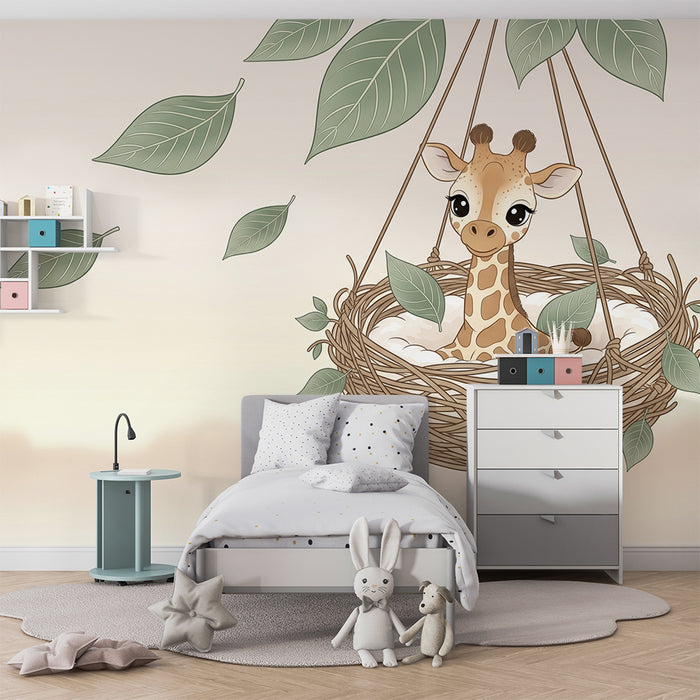 Papier peint chambre bébé | Girafe dans un nid douillet