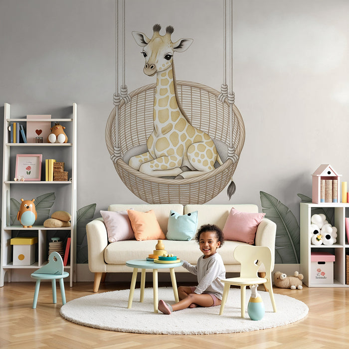 Babykamer behang | Giraffe in een hangende mand