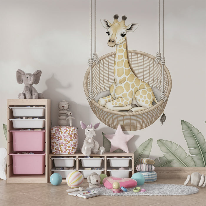 Babykamer behang | Giraffe in een hangende mand