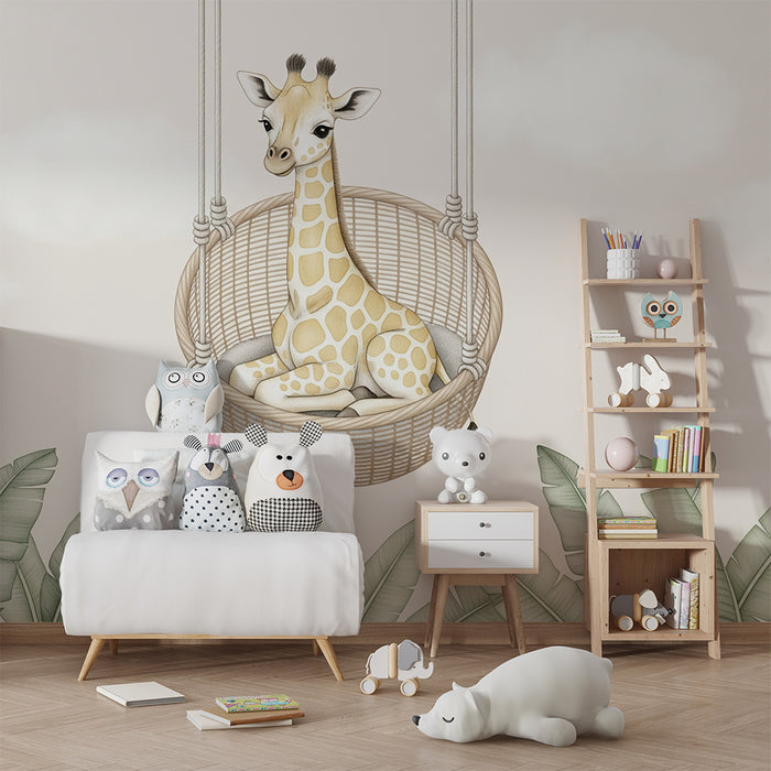 Babykamer behang | Giraffe in een hangende mand