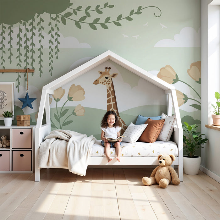 Barntapet | Giraff i en lugn blomstermiljö